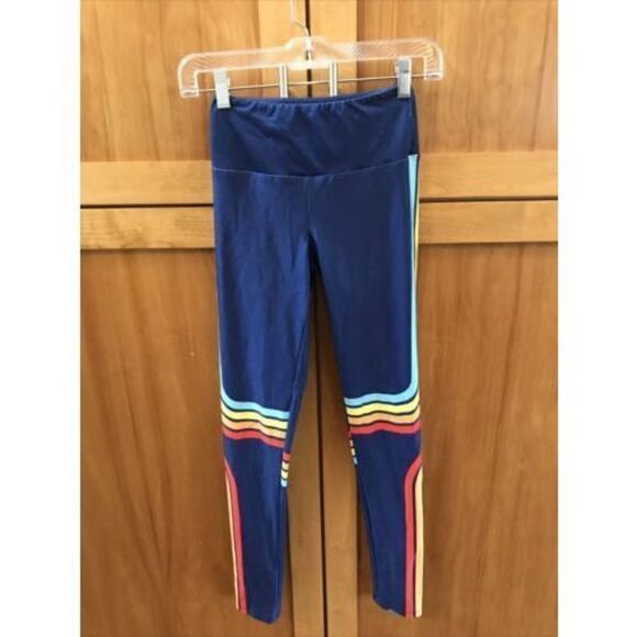 Goldsheep Lucky Stripe Long Leggings XS Blue Rainbow Stretch Pullon - Picture 2 of 6